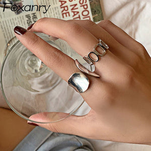 Foxanry Minimalist 925 Sterling Silver Width Rings for Women New Fashion Creative Hollow Geometric Handmade Party Jewelry Gifts