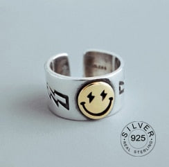 Hot Sale Happy Smiley Face Lightning Stamp Tibetan Ring Big Large Retro Vintage Golden Gothic Women Jewelry Rings