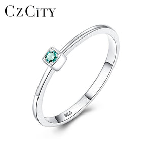 CZCITY Genuine 925 Sterling Silver VVS Green Topaz Wedding Rings for Women Minimalist Thin Circle Gem Rings Jewelry Carving S925